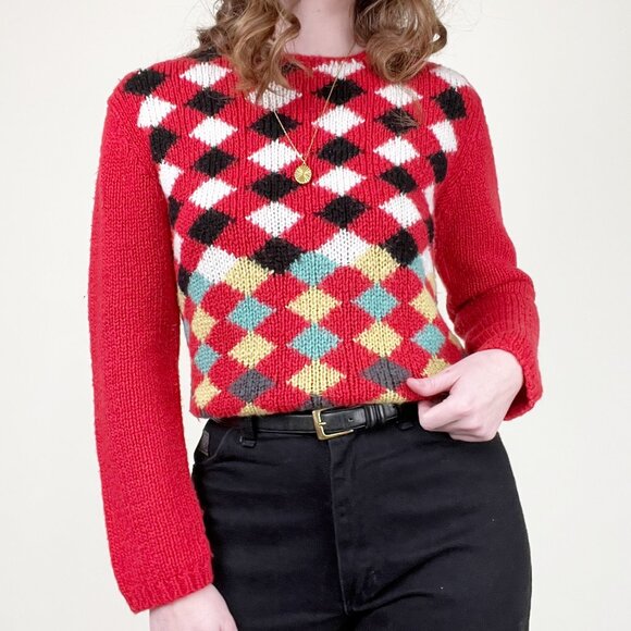 Vintage Hand Knit Harlequin Argyle Pattern Eclectic Handmade New Romantics Wool - Picture 3 of 5